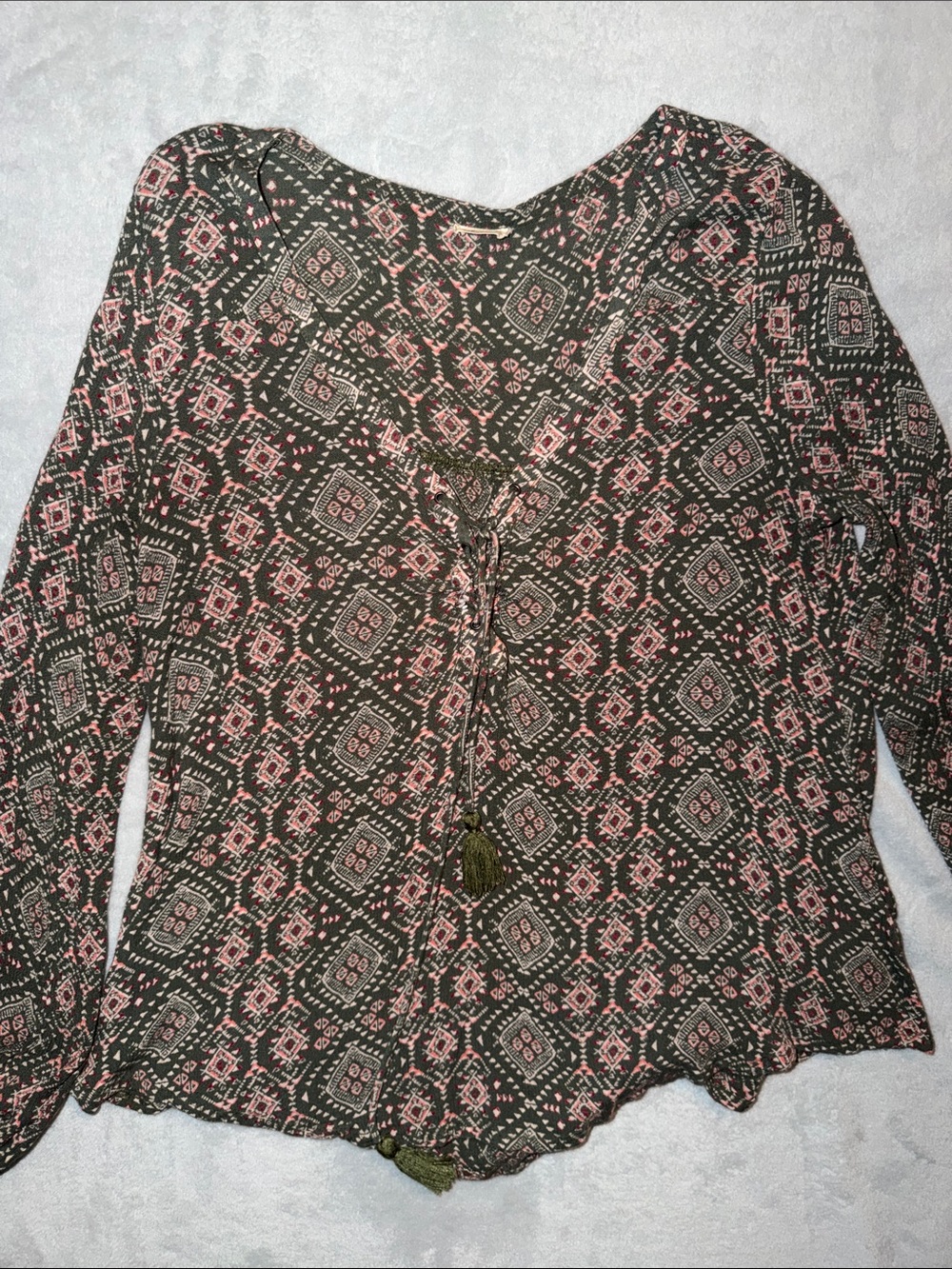Hollister Olive Green Blouse with Pink Geometric Print